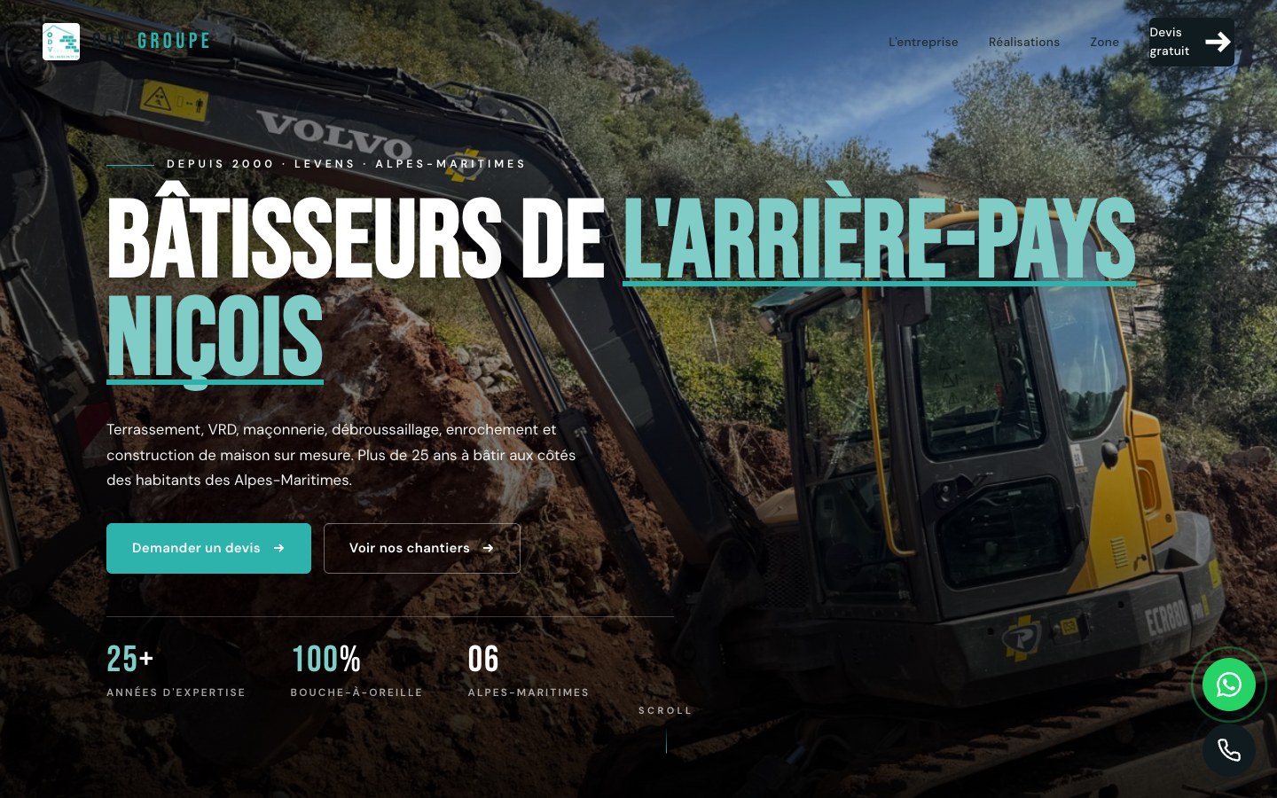 Capture de la page d’accueil du site ODV Groupe, présentant un chantier de terrassement